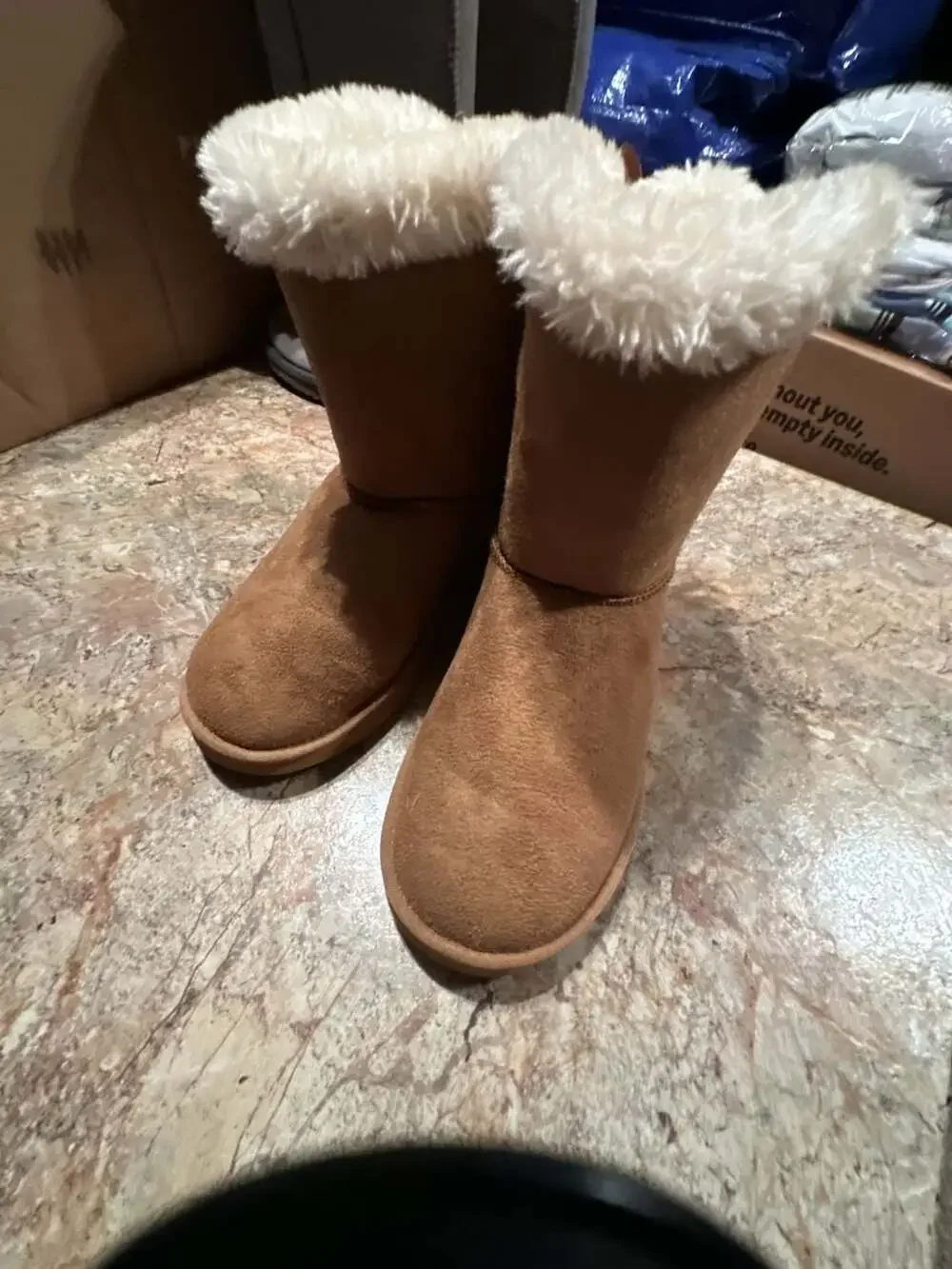 Tan Suede Faux-Fur Lined Winter Boots with Back Ribbon Detail